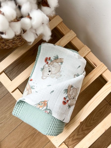 Çift Taraflı Müslin Bebek Battaniyesi | Doğal ve Nefes Alabilen Kumaş Koala Desen