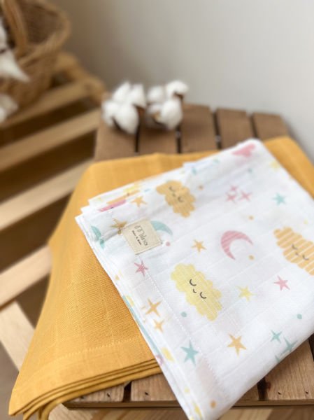 BULUT DESENLİ VE SARI DÜZ MÜSLİN SET