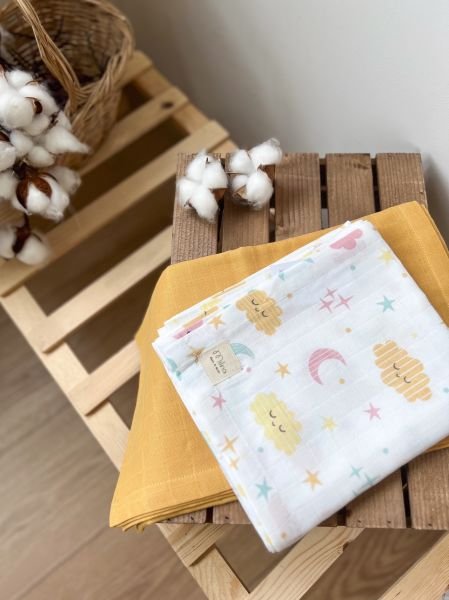 BULUT DESENLİ VE SARI DÜZ MÜSLİN SET