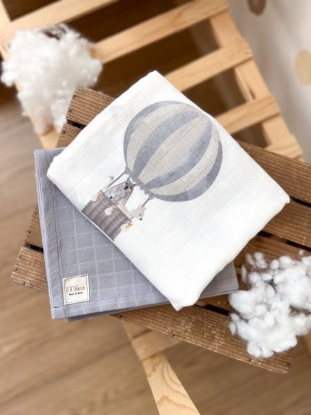 FLYING BALLOON PATTERNED AND GRAY PLAIN MUSLIN SET