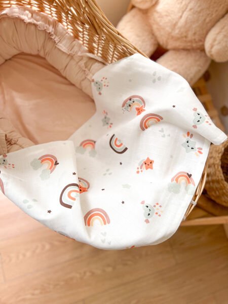 KİREMİT DÜZ MÜSLİN VE KOALA GÖKKUŞAĞI DESENLİ MÜSLİN SET