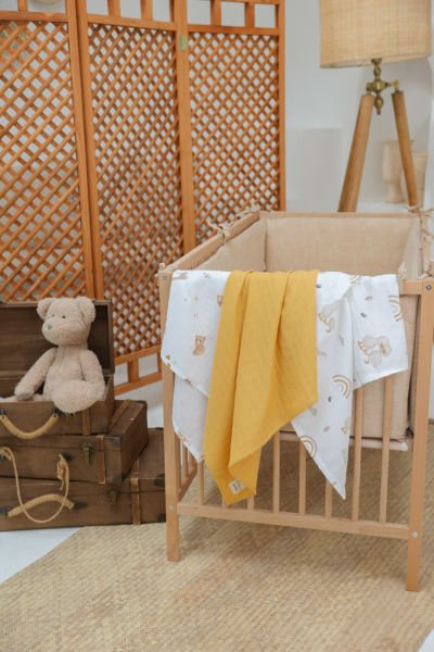 3’lü Müslin Bebek Örtüsü Seti – %100 Pamuk, Tek Kat, 75x85 cm, Ayıcık ve Ördek Desenli, Sarı Düz Renk  | Milna Baby Kids