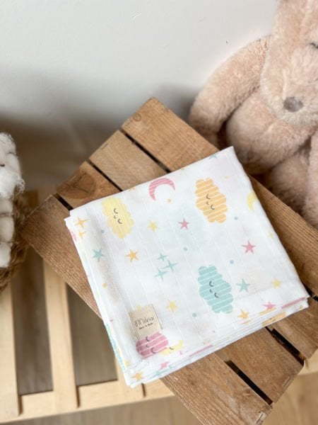 3’lü Müslin Bebek Örtüsü Seti – %100 Pamuk, Tek Kat, 75x85 cm, Bulut ve Fil Desenli, Pembe Düz Renk  | Milna Baby Kids