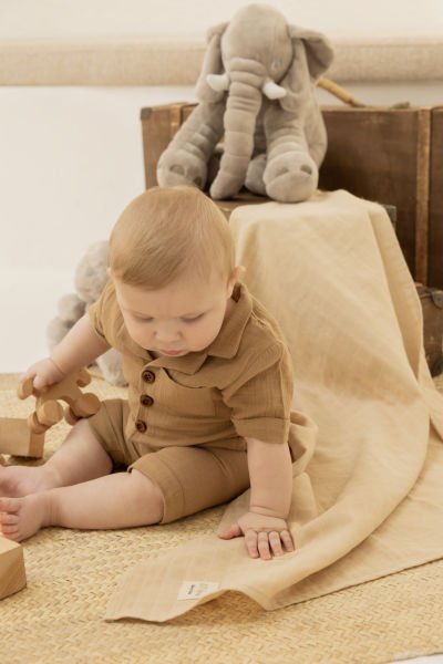 3’lü Müslin Bebek Örtüsü Seti – %100 Pamuk, Tek Kat, 75x85 cm, Ayıcık ve Kanguru Desenli, Bej Düz Renk  | Milna Baby Kids
