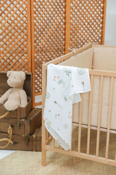 3’lü Müslin Bebek Örtüsü Seti – %100 Pamuk, Tek Kat, 75x85 cm, Gökkuşağı ve Güneş Desenli, Mavi Düz Renk  | Milna Baby Kids