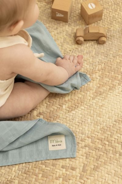 3’lü Müslin Bebek Örtüsü Seti – %100 Pamuk, Tek Kat, 75x85 cm, Gökkuşağı ve Güneş Desenli, Mavi Düz Renk  | Milna Baby Kids