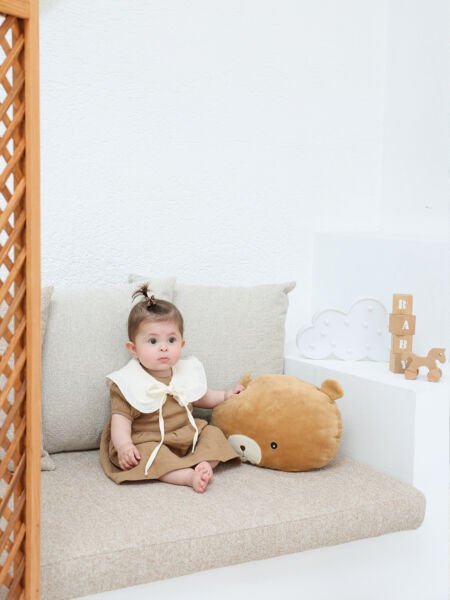 %100 Pamuk Müslin Yakalı Kız Bebek Elbise (6-18 Ay) - Yazlık, Doğal Kumaş