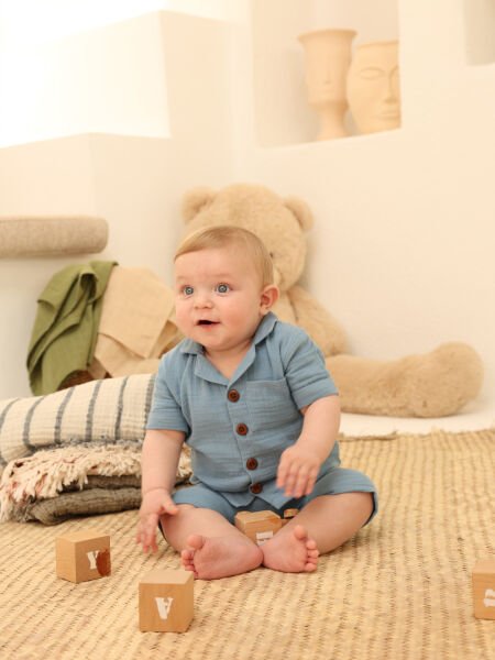 %100 Pamuk Müslin Cepli Erkek Bebek İkili Takım (6-18 Ay)