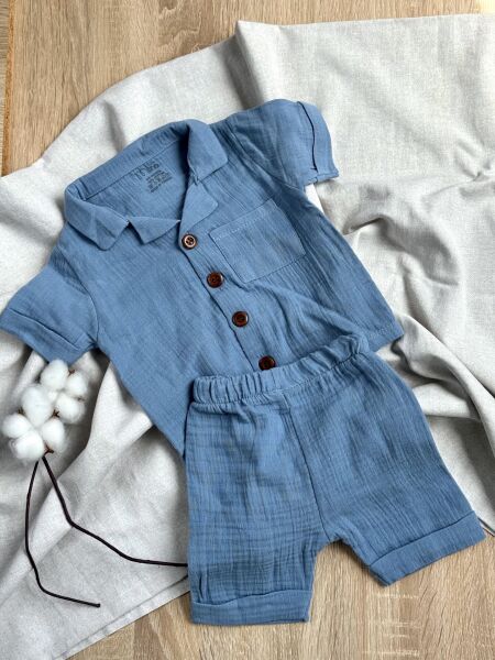 %100 Pamuk Müslin Cepli Erkek Bebek İkili Takım (6-18 Ay)