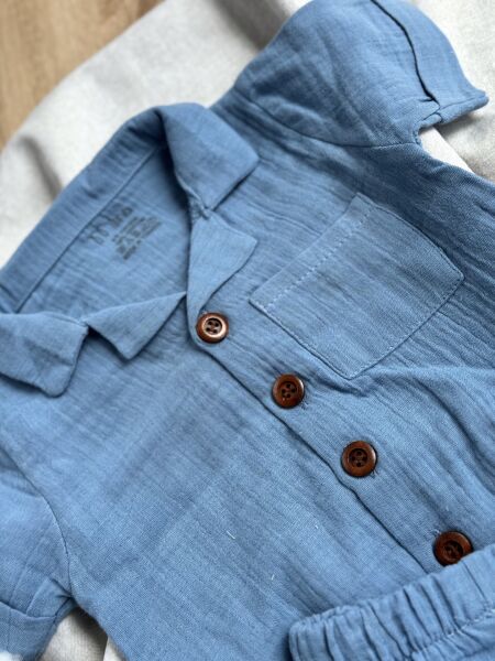 %100 Pamuk Müslin Cepli Erkek Bebek İkili Takım (6-18 Ay)