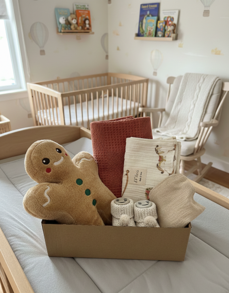 Yılbaşı Özel Bebek Hediye Kutusu - 5'li Set İki Katlı Yılbaşı Desenli Müslin Örtü, Kurabiye Adam Uyku Arkadaşı, Waffle Pike, Patik, Mendil