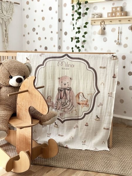 Baby Bear Desenli 2 Kat Müslin Bebek Battaniyesi %100 Pamuk 90x110 cm I Yumuşak ve Nefes Alabilen