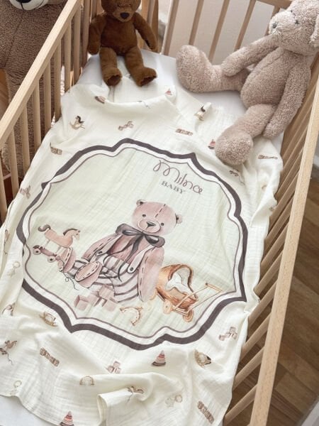 Baby Bear Desenli 2 Kat Müslin Bebek Battaniyesi %100 Pamuk 90x110 cm I Yumuşak ve Nefes Alabilen
