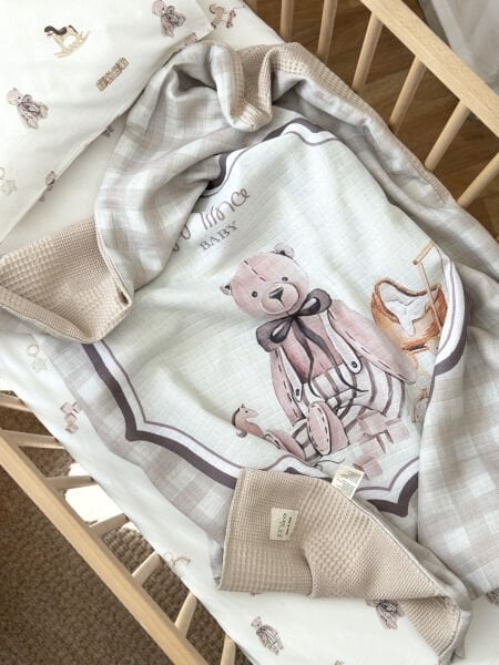 Baby Bear Müslin Pike Takımı - 3 Parça %100 Pamuk Bebek Seti ( Çift Taraflı Müslin Battaniye + Çarşaf + Yastık Kılıfı)