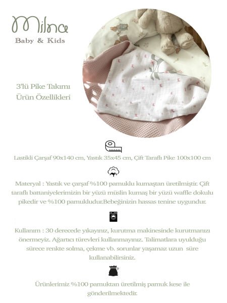 Dear Rabbits Müslin Pike Takımı - 3 Parça %100 Pamuk Bebek Seti ( Çift Taraflı Müslin Battaniye + Çarşaf + Yastık Kılıfı)